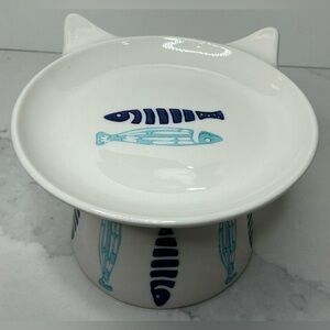 Signature Elevated Bowl Cat Food Blue & Aqua Ceramic Fish Design New